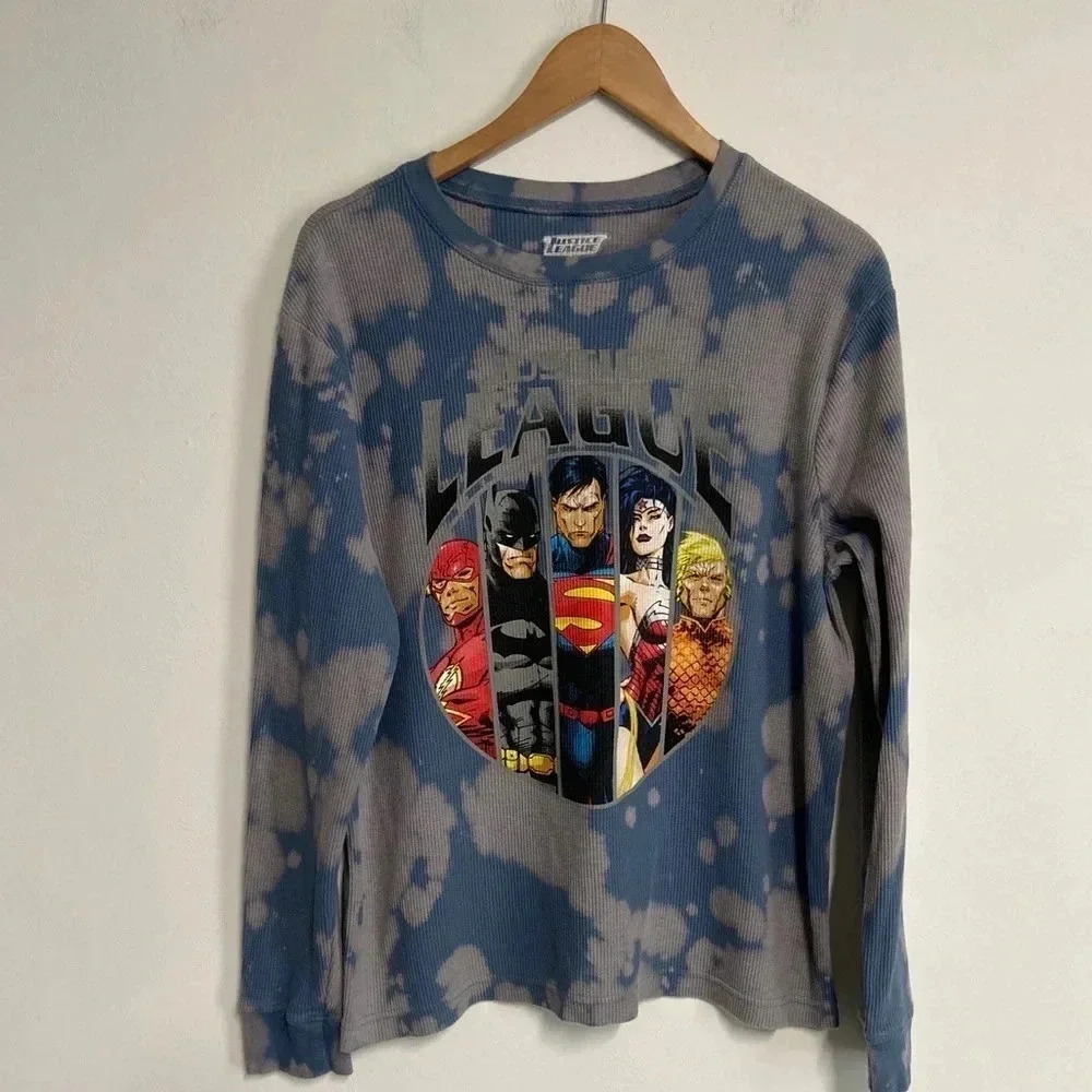 Justice League Adult Large Waffle Knit Thermal Shirt Streetwear Superhero Grunge